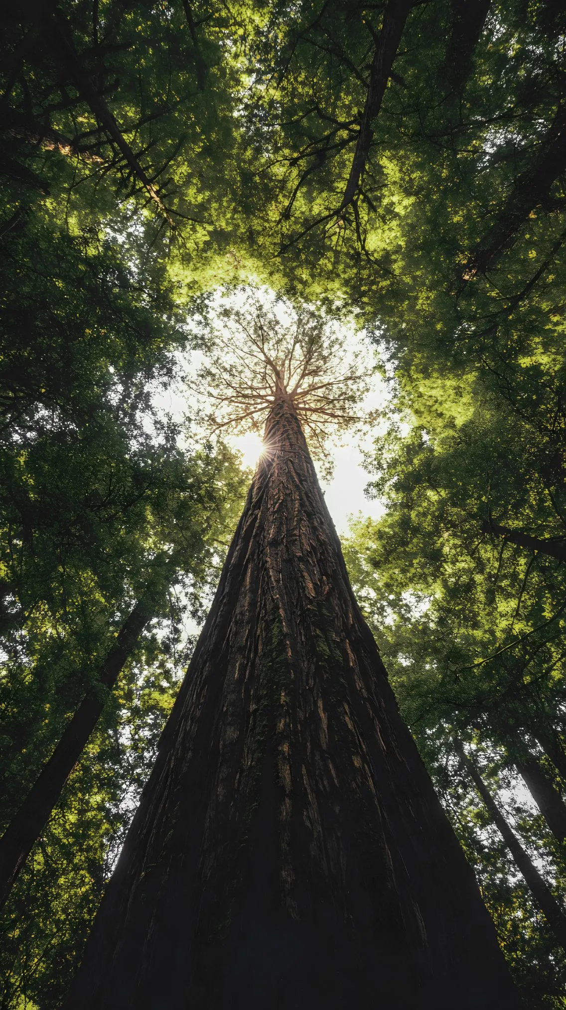Árbol alto en un bosque frondoso con luz filtrándose entre el follaje